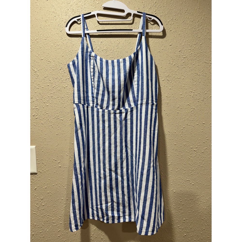 Old Navy Blue White Striped Linen Blend Mini Dress Smocked Back Pockets Womens L